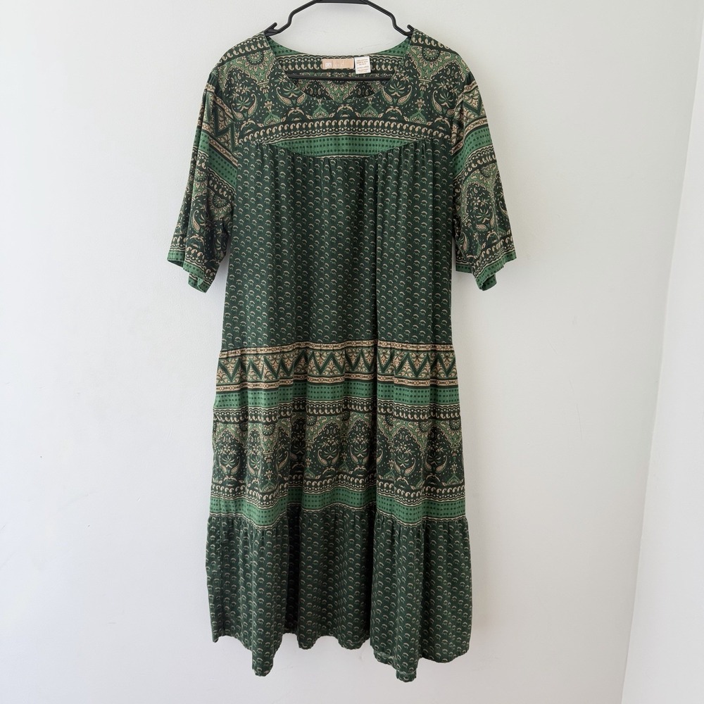 La Cera Womens Cotton Midi Dress XL Green Paisley Boho Cottagecore Tiered